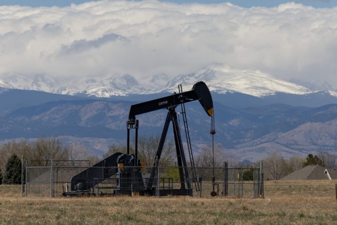 A pumpjack is seen in Firestone, Colorado.