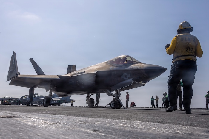 This image provided by U.S. Central Command shows a F-35C Lightning preparing to launch from the USS Abraham Lincoln (CVN 72) in support of Operation Epic Fury.