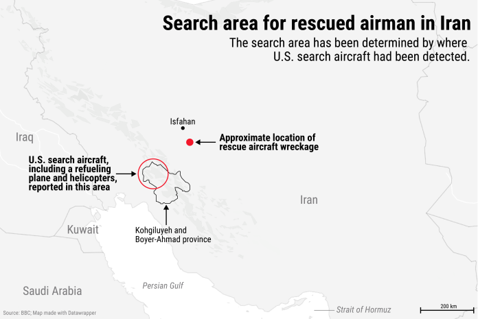 Map showing the search area of rescued airman in Iran