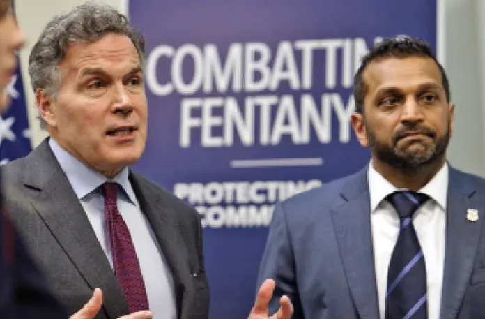 Sen. Dave McCormick (R-PA), left, joins FBI Director Kash Patel at a public roundtable in Allentown, Pennsylvania, addressing fentanyl use, April 1, 2026. (Justin Merriman / for the Washington Examiner)
