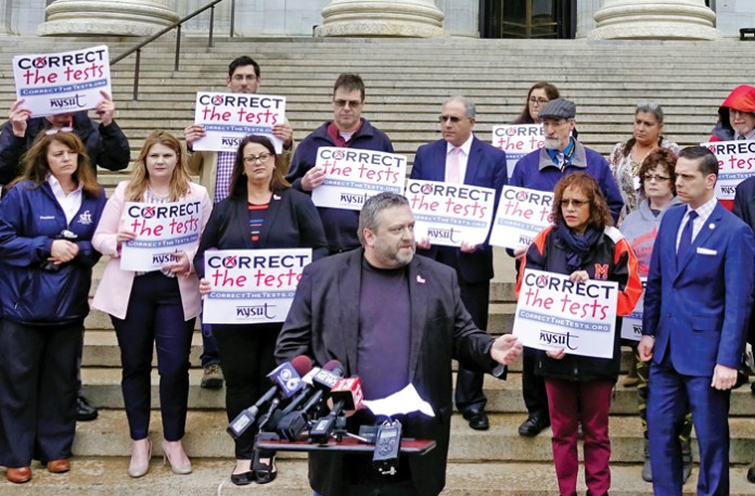 Members of a state teachers union protest in Albany, New York, against performance testing, April 8, 2019. (Paul Buckowski/Albany Times Union/Getty)