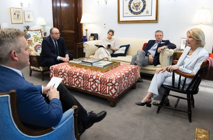 Sen. Shelley Moore Capito (R-WV) speaks to the Washington Examiner in her office in Washington. (Graeme Jennings/Washington Examiner)