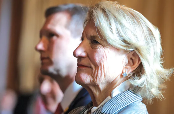 Capito and her nephew, Rep. Riley Moore (R-WV), attend an event at the Environmental Protection Agency on Feb. 18, 2025. (Kayla Bartkowski/Getty Images)