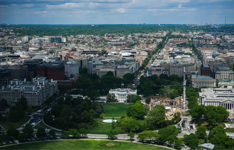 Construction on the new White House ballroom is seen from the Washington Monument in Washington on April 20. (Julia Demaree Nikhinson/AP)