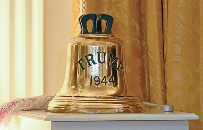 A bell from the HMS Trump, a British submarine launched in 1944 during World War II, presented to President Donald Trump by King Charles III during a state dinner at the White House, April 28, 2026. (Samir Hussein / WireImage)