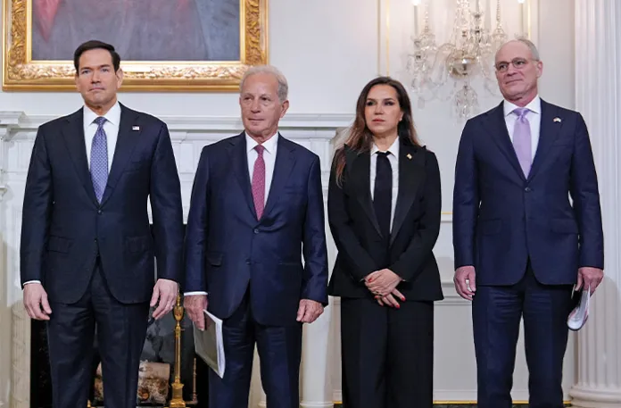 From left, Secretary of State Marco Rubio, U.S. Ambassador to Lebanon Michel Issa, Lebanese Ambassador to the U.S. Nada Hamadeh Moawad, and Israeli Ambassador to the U.S. Yechiel Leiter in Washington, D.C., April 14, 2026. (Jacquelyn Martin/AP)