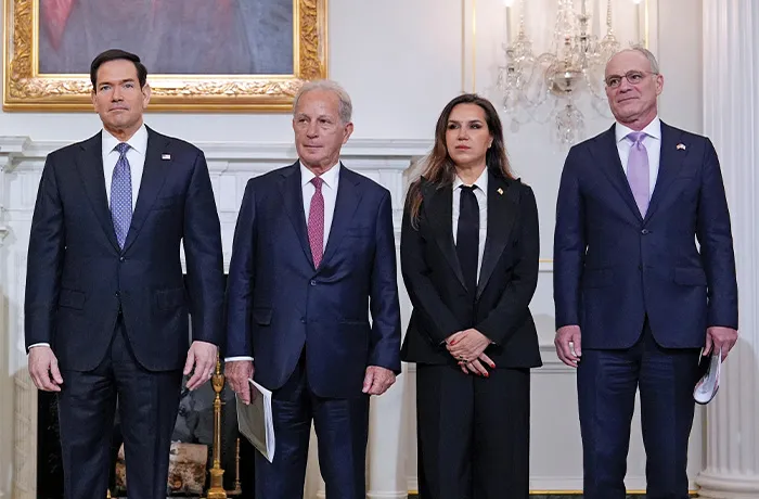 From left, Secretary of State Marco Rubio, U.S. Ambassador to Lebanon Michel Issa, Lebanese Ambassador to the U.S. Nada Hamadeh Moawad, and Israeli Ambassador to the U.S. Yechiel Leiter in Washington, D.C., April 14, 2026. (Jacquelyn Martin/AP)
