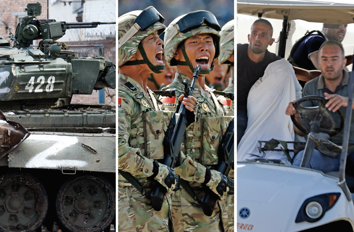 From left, a tank with Russian markings in Donetsk, Ukraine, March 11, 2022; Chinese soldiers on parade in Beijing, Sept. 3, 2015; Palestinians transport an Israeli to Gaza after kidnapping them from a kibbutz near the Gaza border, Oct. 7, 2023. (From left: Anadolu Agency/Getty; Rolex Dela Pena/AP; AP)
