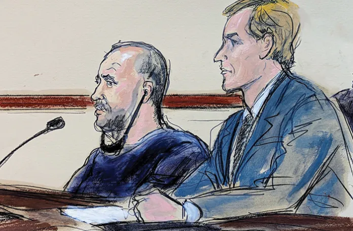 A courtroom sketch of Rafat Amirov, left, and his attorney Michael Martin in federal court in New York, Jan. 27, 2023. Amirov, of Iran, was part of an Iranian plot to assassinate Iranian-American activist Masih Alinejad in New York. (Elizabeth Williams/AP)