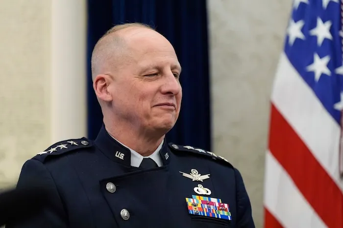 Space Force vice chief of operations Gen. Michael Guetlein listens as President Donald Trump speaks in the Oval Office of the White House, Tuesday, May20, 2025, in Washington. (AP Photo/Alex Brandon)