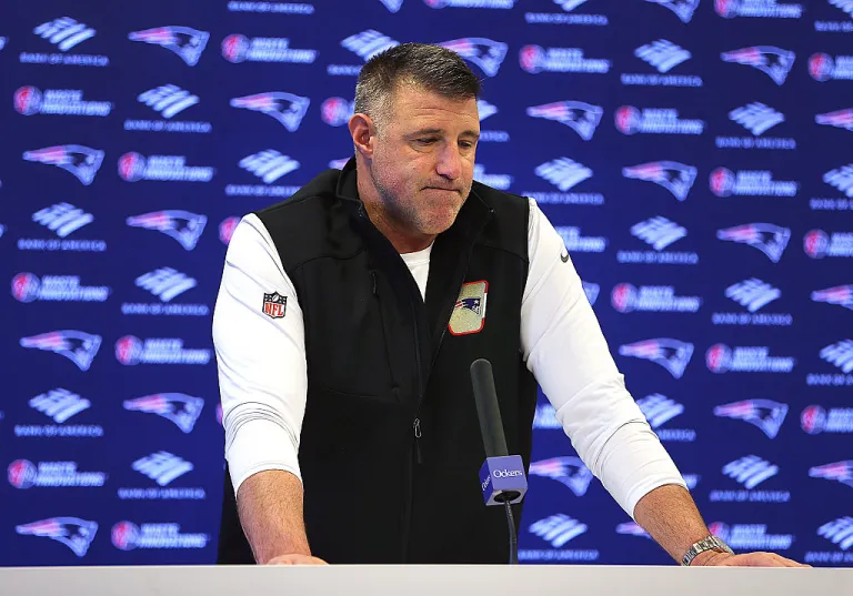Foxborough, MA - February 10: New England Patriots head coach Mike Vrabel has his final press conference of the 2025-26 season at Gillette Stadium on February 10, 2026. (Photo by John Tlumacki/The Boston Globe via Getty Images)