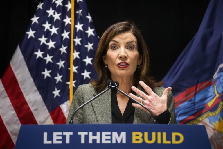 Kathy Hochul, governor of New York, speaks during a news conference in New Rochelle, New York, US, on Wednesday, Feb. 18, 2026. The governor emphasized lowering costs and cutting red tape in a State of the State address last month, which comes as elected officials of both parties embrace affordability as a major focus. Photographer: Michael Nagle/Bloomberg via Getty Images