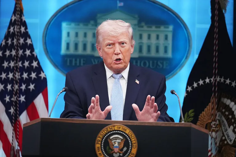 President Donald Trump conducts a news conference in the White House briefing room about the war in Iran on Monday, April 6, 2026. (Tom Williams/CQ-Roll Call, Inc via Getty Images)