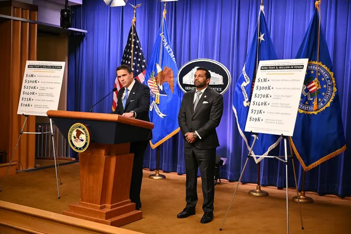 Acting US Attorney General Todd Blanche speaks during a press conference with FBI Director Kash Patel next to him, at the Department of Justice in Washington, DC, on April 21, 2026. The US Department of Justice announced the indictment on April 21 of a prominent US civil rights organization over its use of donor money to pay confidential informants in extremist groups. Acting Attorney General Todd Blanche said the Alabama-based Southern Poverty Law Center (SPLC) faces charges of wire fraud, bank fraud and conspiracy to commit money laundering. (Photo by Mandel NGAN / AFP via Getty Images)