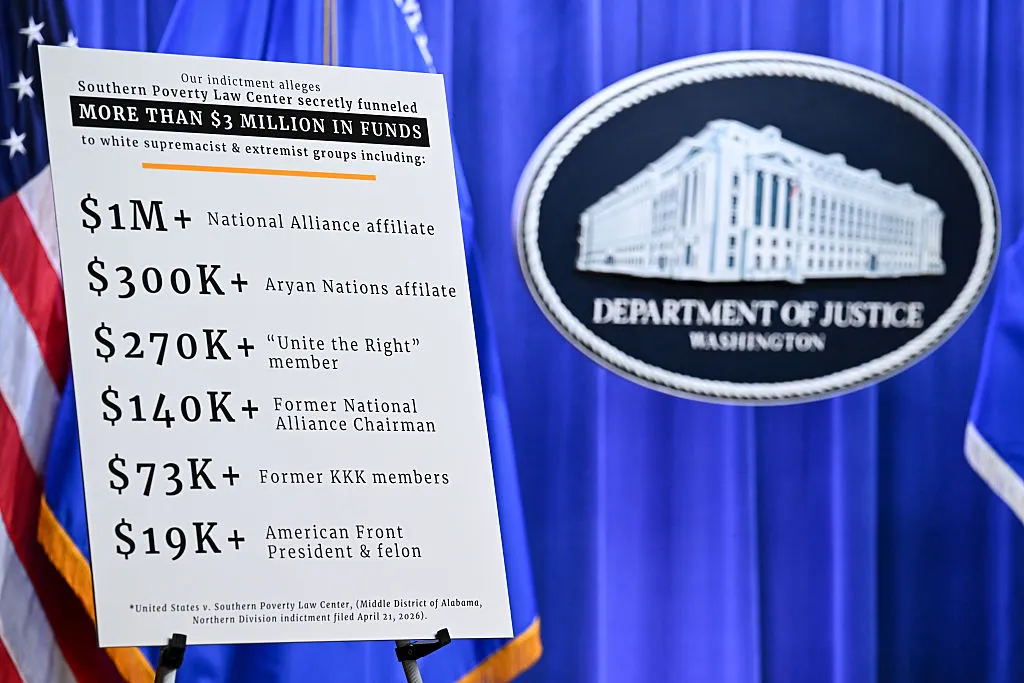 Signage during a news conference at the Department of Justice in Washington, DC, US, on Tuesday, April 21, 2026. The US Justice Department brought bank fraud charges against the Southern Poverty Law Center related to payments made to informants of alleged extremist groups including the Ku Klux Klan, Acting Attorney General Todd Blanche and FBI Director Kash Patel said Tuesday. Photographer: Graeme Sloan/Bloomberg via Getty Images