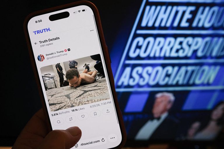 President Donald Trump displaying an image of alleged suspect Cole Tomas Allen in a shooting incident at the White House Correspondents' Association dinner on April 25, 2026.