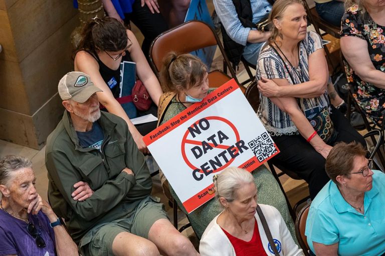 St. Paul, Minnesota, State capitol, Data Center Moratorium Now rally. They want a two-year pause on new hyperscale data centers, increased regulation, and a ban on non-disclosure agreements. (Photo by: Michael Siluk/UCG/Universal Images Group via Getty Images)