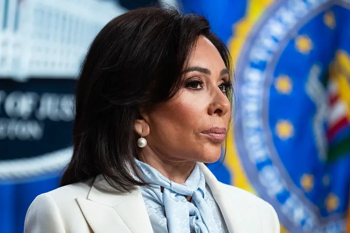 Jeanine Pirro, the U.S. attorney for Washington, D.C., conducts a news conference at the Department of Justice about Cole Allen, the suspect in the White House Correspondents' Association dinner shooting, on Monday, April 27, 2026. (Tom Williams/CQ-Roll Call, Inc via Getty Images)