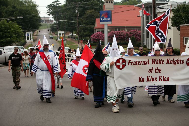Members of the Fraternal White Knights of the Ku Klux Klan participate in the 11th Annual Nathan Bedford Forrest Birthday march.