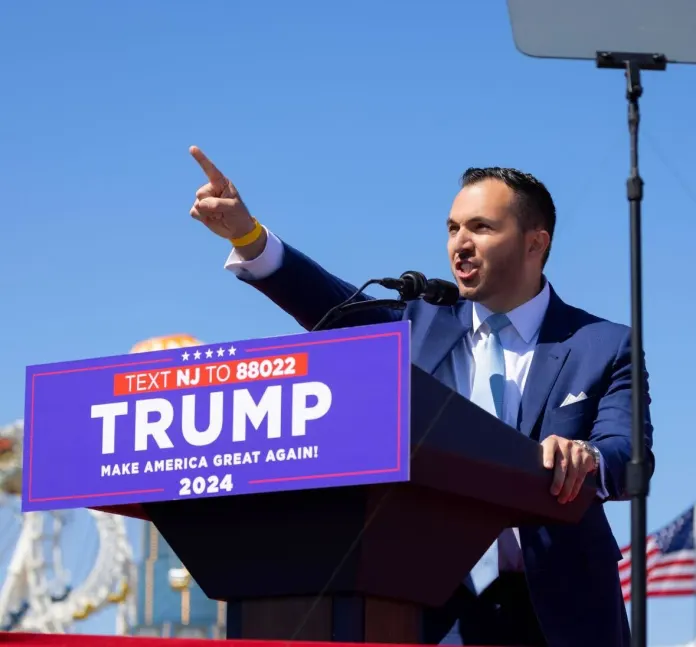Mike Crispi speaks at President Donald Trump's rally in Wildwood, New Jersey, to a historically large crowd of approximately 100,000 supporters.