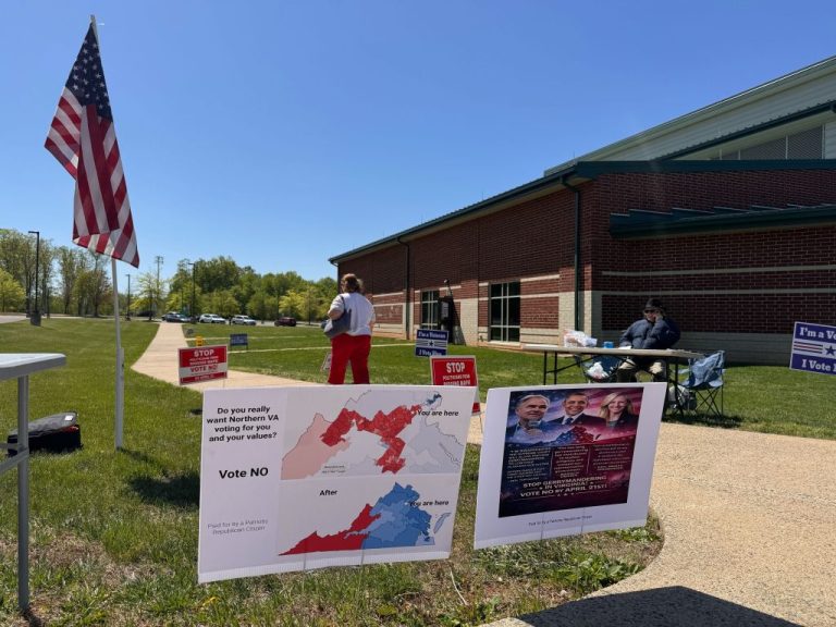Virginia redistricting vote signs next to two people on a sidewalk and American flag outside of a high school building