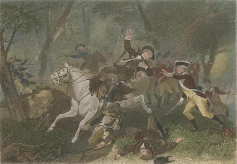 An engraving of the American Revolutionary War, depicting the death of British Major Patrick Ferguson.