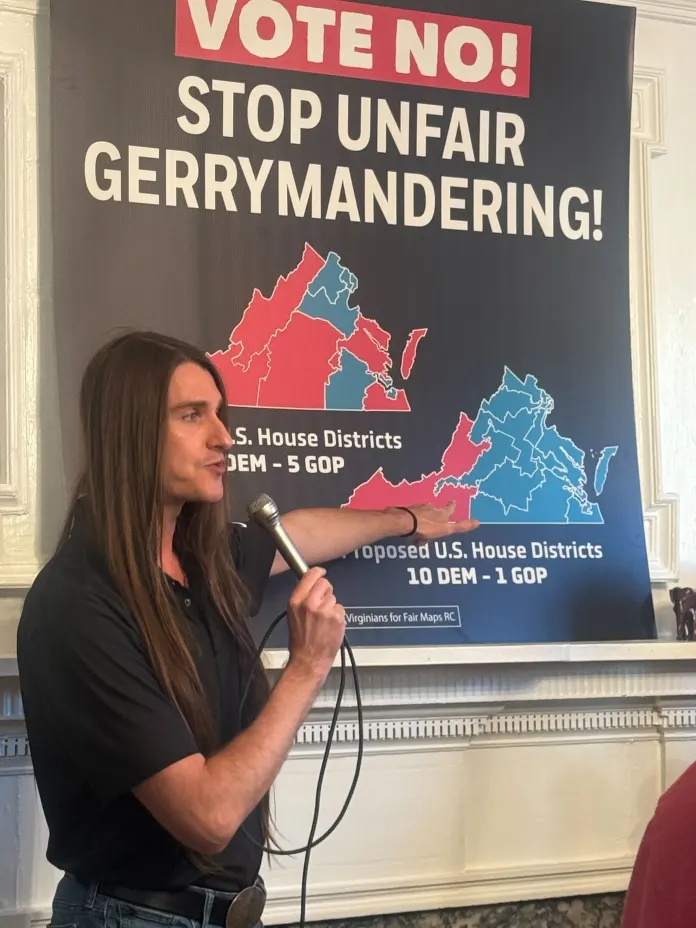 Scott Presler speaks at a rally opposing a redistricting amendment in Culpeper, Va., April 19, 2026. (Washington Examiner/Adisa Hargett-Robinson)