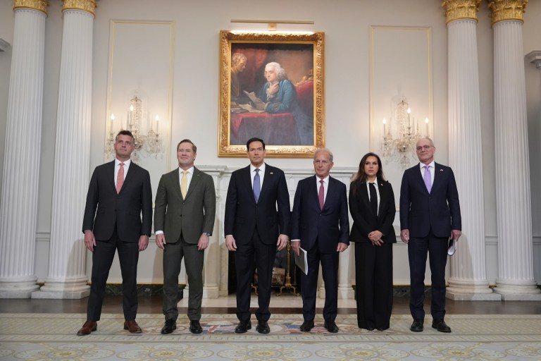 From left, Michael Needham, counselor for the U.S. Dept. of State, U.S. Ambassador to the United Nations Mike Waltz, Secretary of State Marco Rubio, U.S. Ambassador to Lebanon Michel Issa, Lebanese Ambassador to the U.S. Nada Hamadeh Moawad, and Israeli Ambassador to the U.S. Yechiel Leiter pose for a photo before a meeting at the State Department in Washington, Tuesday, April 14, 2026. (AP Photo/Jacquelyn Martin)