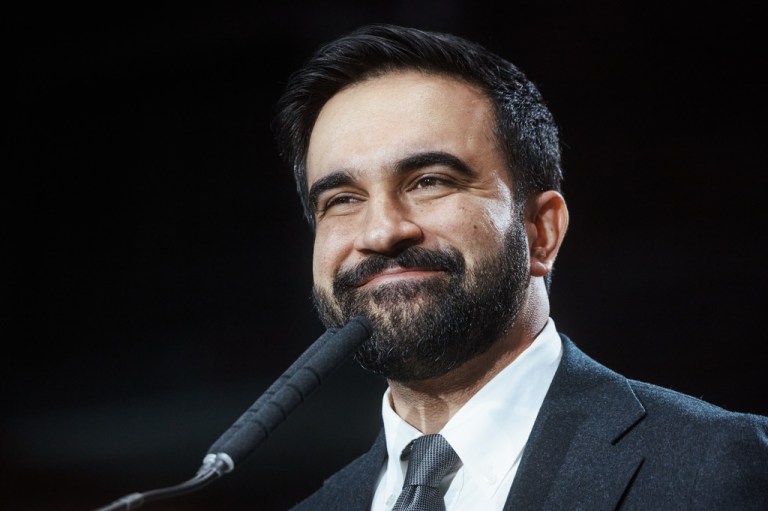 New York City Mayor Zohran Mamdani smiles during an address marking his first 100 days in office at the Knockdown Center.