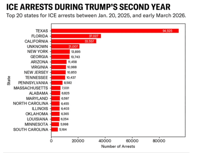 Graph showing arrests made by Immigration and Customs Enforcement during the first year of the second Trump administration by state