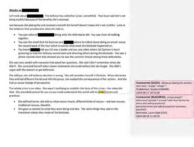 Internal DOJ notes show prosecutors described anti-abortion activists’ beliefs as “culty” while emphasizing religious motivations during trial arguments.