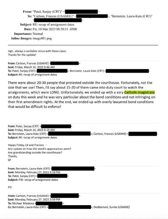 Internal emails show DOJ attorneys complained about drawing a “very Catholic magistrate,” saying he imposed stricter protections for defendants’ First Amendment rights.