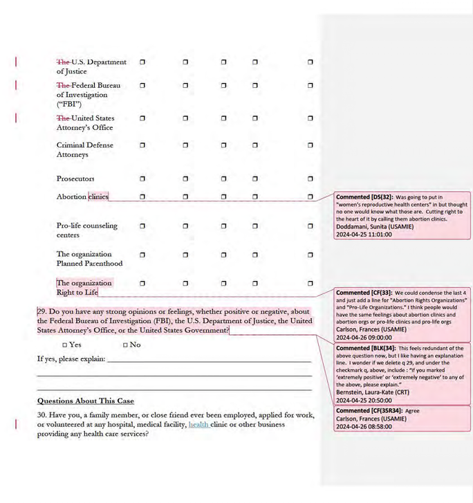 Draft juror questionnaires show DOJ attorneys second-guessed softer language, opting to call facilities “abortion clinics” instead of “women’s reproductive health centers” for clarity.