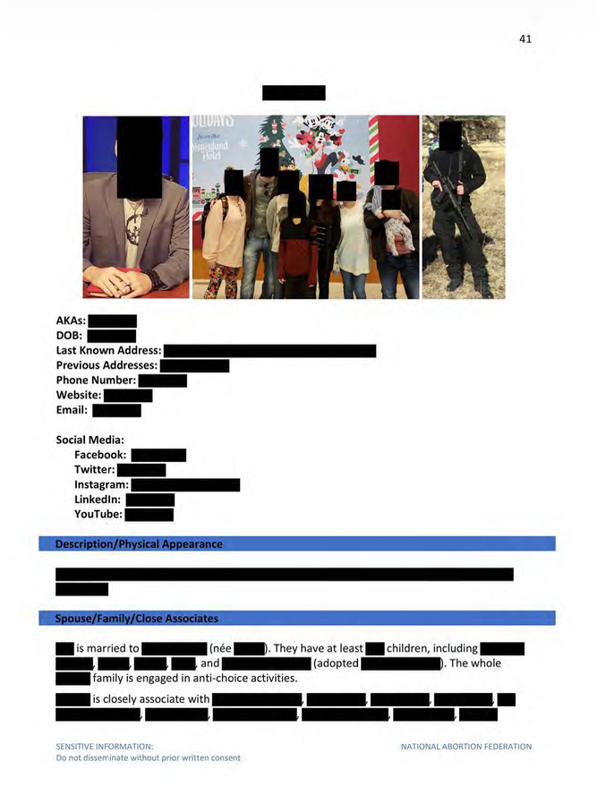 A 137-page dossier compiled by an abortion-rights group detailed activists’ schedules, travel, and personal data, including home addresses and family information.