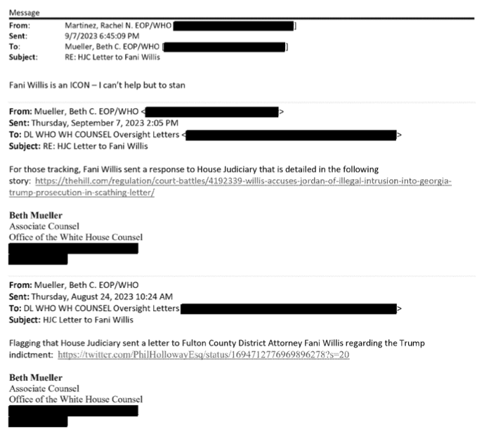 Internal emails show a Biden White House adviser praising Fulton County District Attorney Fani Willis.