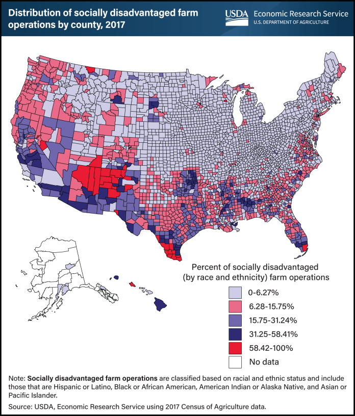 Map showing socially disadvantaged farm operations by county