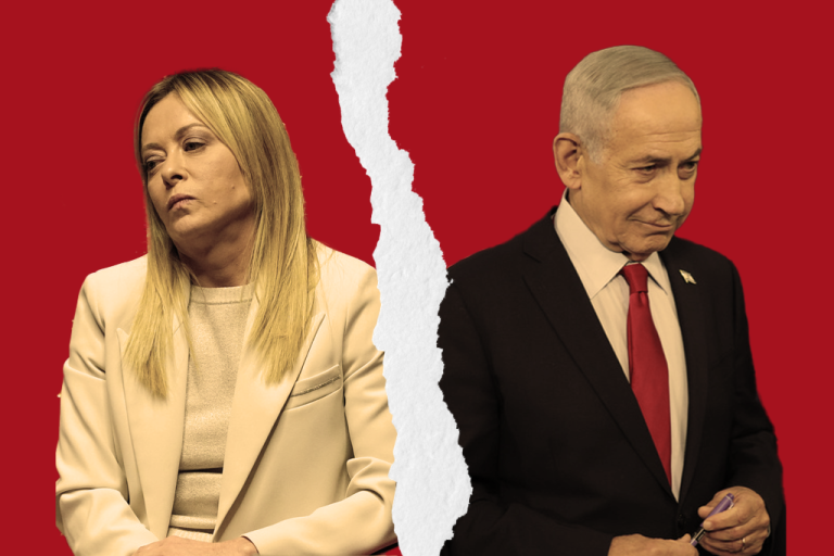 Italian Prime Minister Giorgia Meloni and Prime Minister Benjamin Netanyahu split in the middle by a torn paper border
