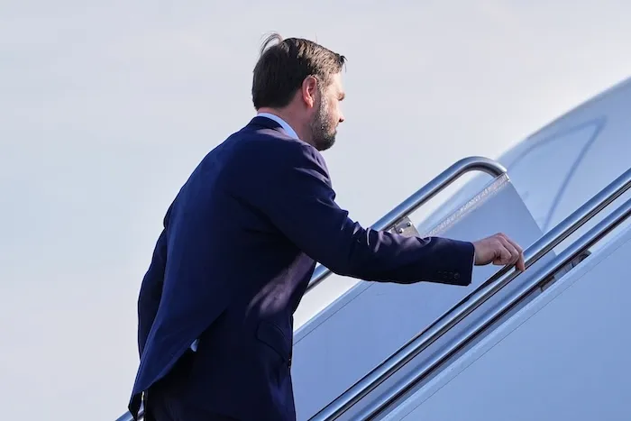 Vice President JD Vance boards Air Force Two, Friday, April 10, 2026, at Joint Base Andrews, Md., for expected departure to Pakistan, for talks on Iran.