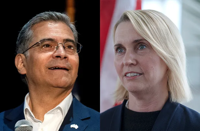 Left: Xavier Becerra, former Health and Human Services Secretary for the Biden administration; Right: Bridget Brink, Biden administration wartime ambassador to Ukraine (Jae C. Hong/AP; Andrew Kravchenko/AP)