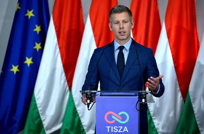 Prospective prime minister Peter Magyar attends a press conference during the first meeting of the future faction in Budapest, Hungary on April 20. (Robert Hegedus/MTI via AP)