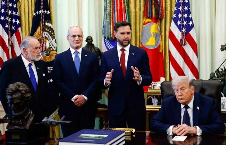 US Ambassador to Israel Mike Huckabee, Israeli Ambasssador Yechiel Leiter, Vice President JD Vance, and President Trump. (Will Oliver/EPA/Bloomberg via Getty Images)