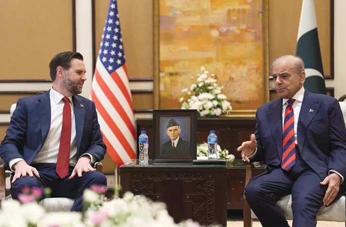 Vice President JD Vance meets with Pakistani Prime Minister Shehbaz Sharif for talks about Iran in Islamabad, Pakistan on April 11. (Jacquelyn Martin/AP)