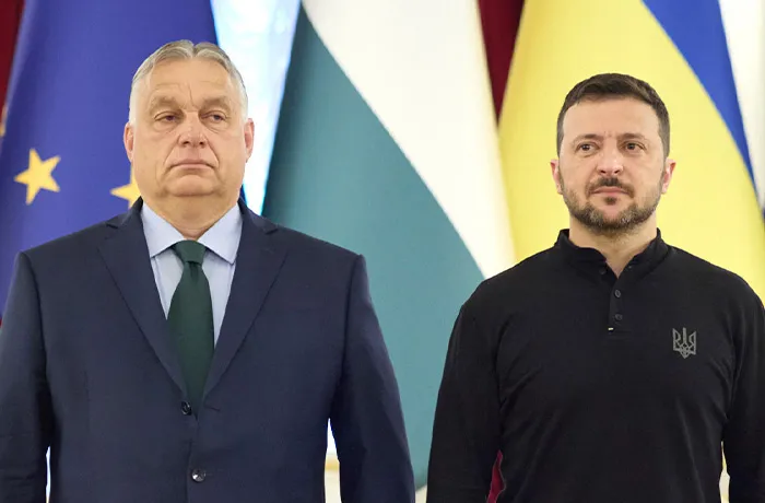 Hungarian Prime Minister Viktor Orban and Ukrainian President Volodymyr Zelensky pose for a photo in 2024. (Ukrainian Presidential Press Office via AP)