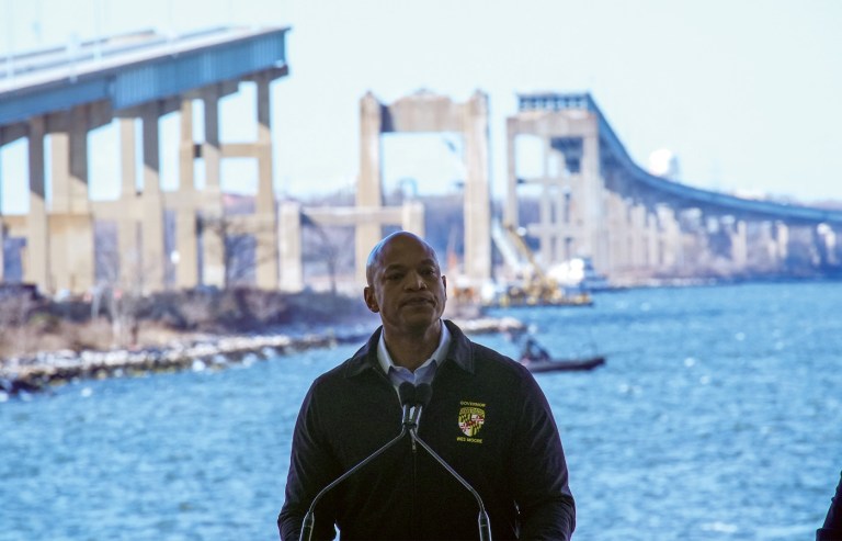 Gov. Wes Moore (D-MD) addresses the crowd at a ceremony on March 26, 2025, to commemorate the one year anniversary of the collapse of the Francis Scott Key Bridge in Dundalk, Maryland. (Jahi Chikwendiu/The Washington Post via Getty Images)