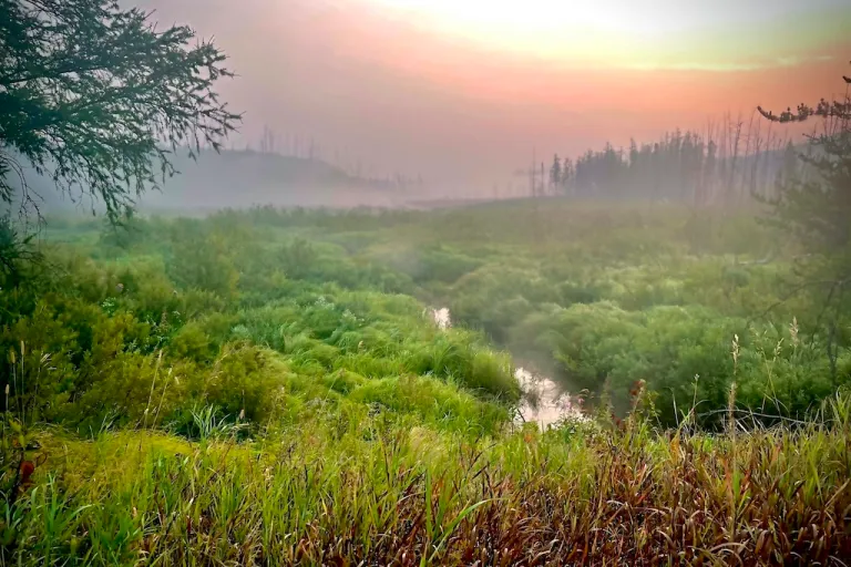 This image provided by the USDA Forest Service, shows a smoky, foggy sunrise along the Gunflint Trail on Tuesday, Aug. 24, 2021, in Superior National Forest in northern Minnesota. Residents well to the north along the upper Gunflint Trail, a dead-end highway that's a popular jumping off spot for Boundary Waters trips, were told Monday night to stand by in case they also needed to evacuate because of wildfires.