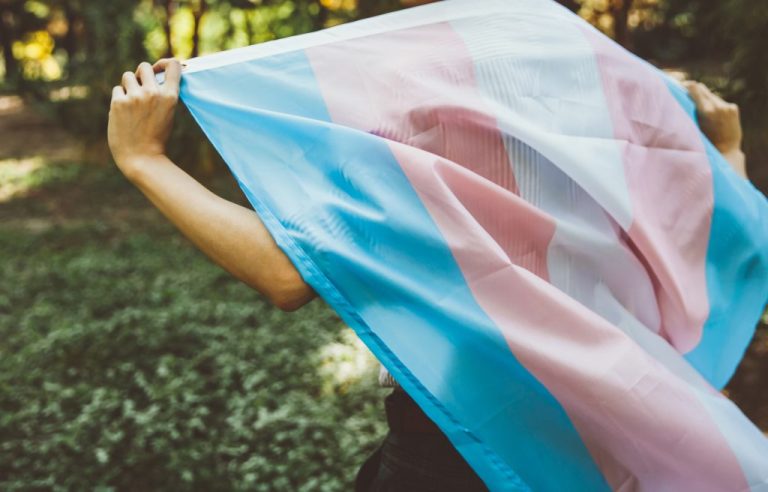 closeup of a transgender pride flag waving on the blue sky, moved by the wind