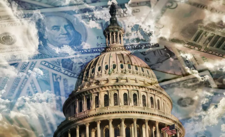 U.S. Treasury with translucent money panning overtop. (Getty Images)