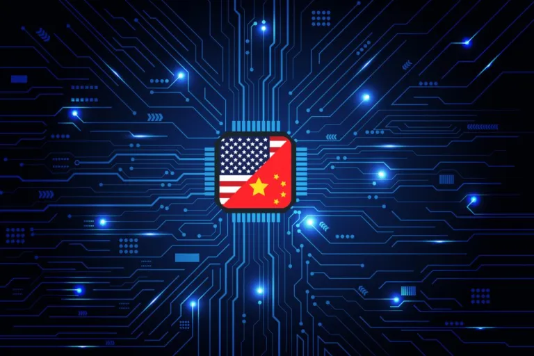 AI chipset processor circuit board digital transformation blue abstract technology background.