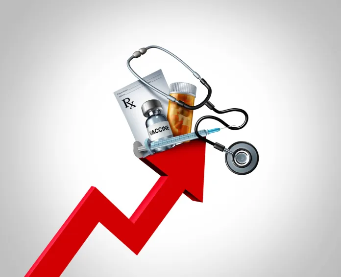 Healthcare affordability and Economic Inflation Increase financial concept as expensive consumer spending as an upward arrow as rising prices of medicine health insurance and medical costs.
