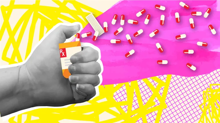 Vector illustration of Collage style hand holding bottle of prescription medication. Includes editable vector eps and high resolution jpg.